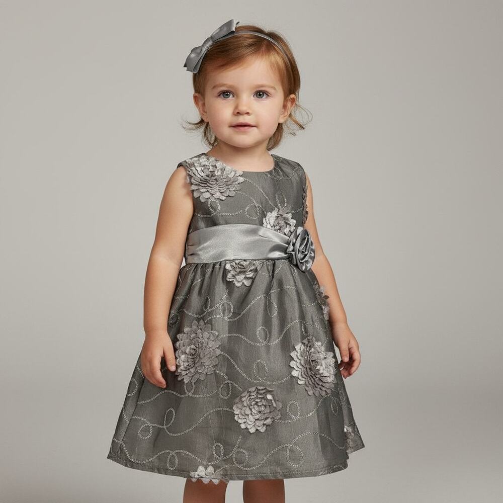 Girls Rare Edition Dress Size 24 Months Grey Flower Glitter Sequin and Tulle